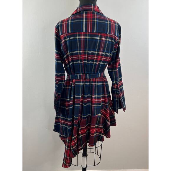 ZARA Navy Blue Red Tartan Plaid Asymmetric ButtonUp Tie Waist Midi Shirt Dress S - Picture 6 of 8